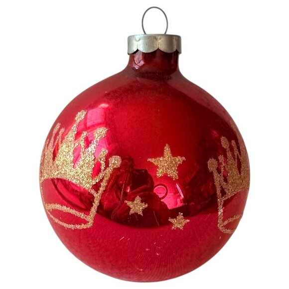 Vintage Shiny Brite Red Glass Christmas Ornament Gold Glitter Crown & Star 3” - Picture 4 of 7
